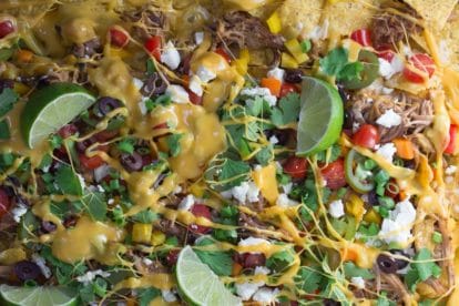 Slow Cooked Pork Nachos with 3 Cheese Beer Queso