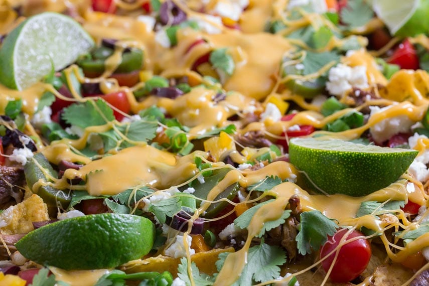 Slow Cooked Pork Nachos with 3 Cheese Beer Queso