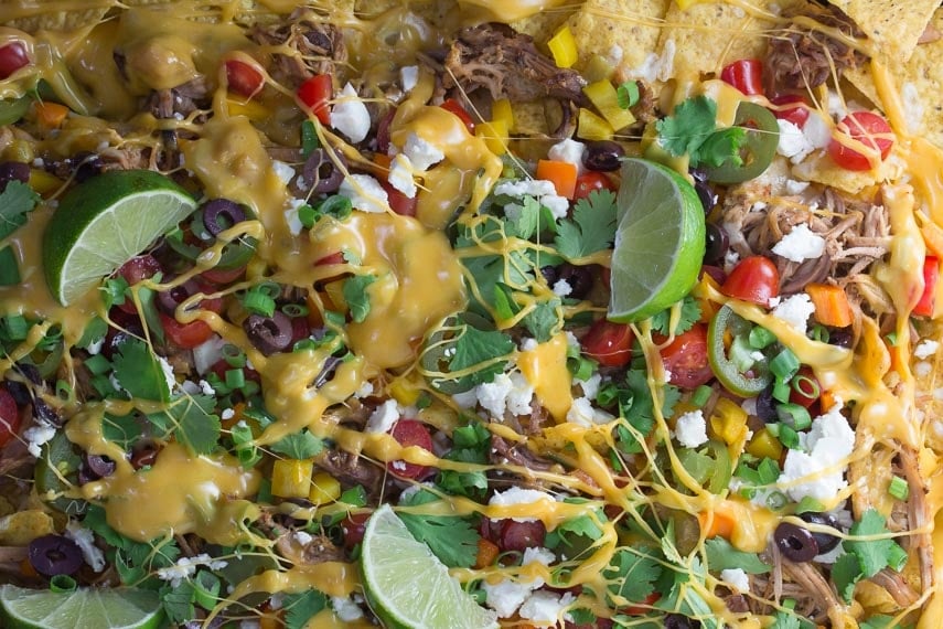 Slow Cooked Pork Nachos with 3 Cheese Beer Queso