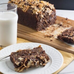 chocolate coconut banana bread in pan showing off its decadent coconut chocolate topping