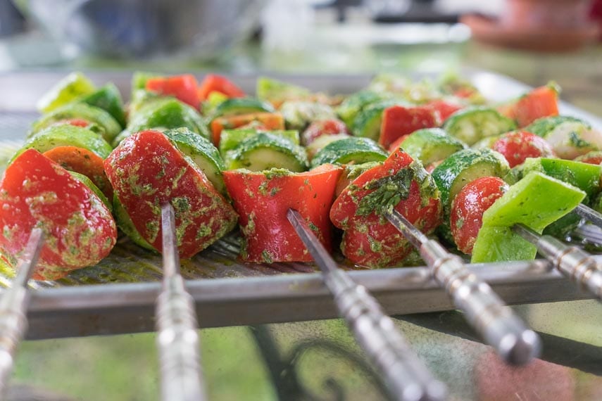 grilled chicken and vegetable kebobs ready to grill