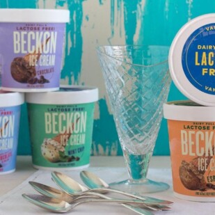 Beckon Ice Cream, Lactose Free! Pints, spoons ang glass cone