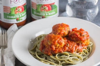 FODY Pasta Sauce & Turkey Meatballs on spaghetti in a white bowl