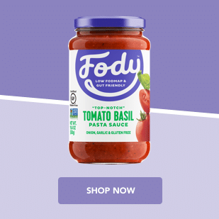 Fody tomato basil pasta sauce jar against purple background