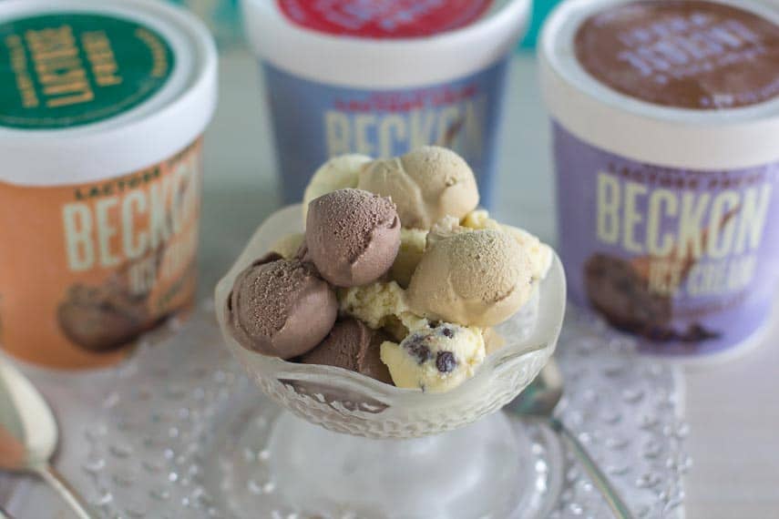multiple small scoops of Beckon Ice Cream in glass dish; pint of ice cream in background