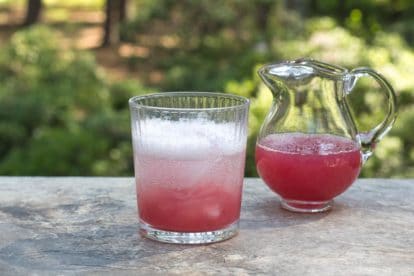 rhubarb ginger syrup in glass topped with sparkling water