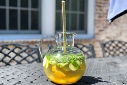 sangria in pitcher on outdoor table
