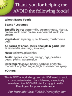 Low FODMAP Diet Easy To Use Info Card for eating out. 