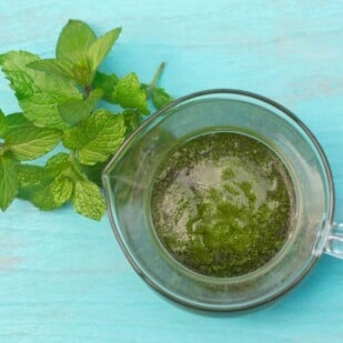 Mint Salsa verde in clear pitcher with fresh mint alongside