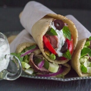 low FODMAP lamb gyros with feta tzatziki sauce