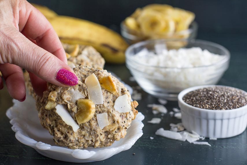 Low FODMAP Banana Coconut Oat Breakfast Cookies in hand