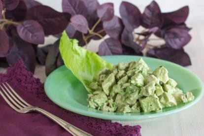 Low FODMAP Green Goddess Chicken Salad on green plate with romaine lettuce