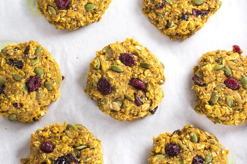 Low FODMAP Pumpkin Cranberry Oat Breakfast Cookies on pan lined with parchment paper