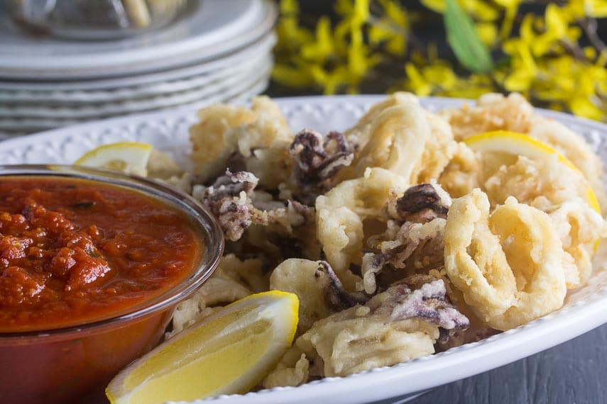 Low FODMAP gluten free fried calamari with Spicy marinara sauce on white plate