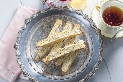 low FODMAP anise almond biscotti on a silver plate