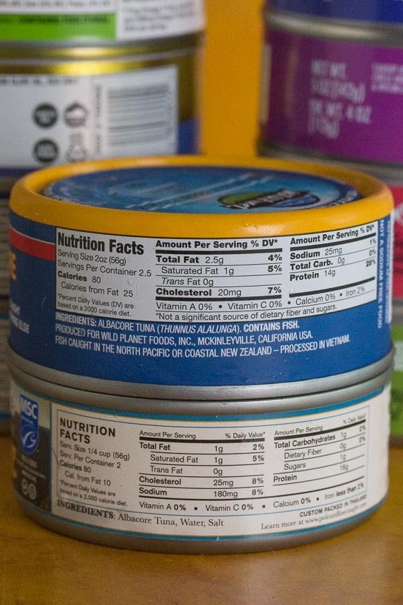 canned tuna labels up close