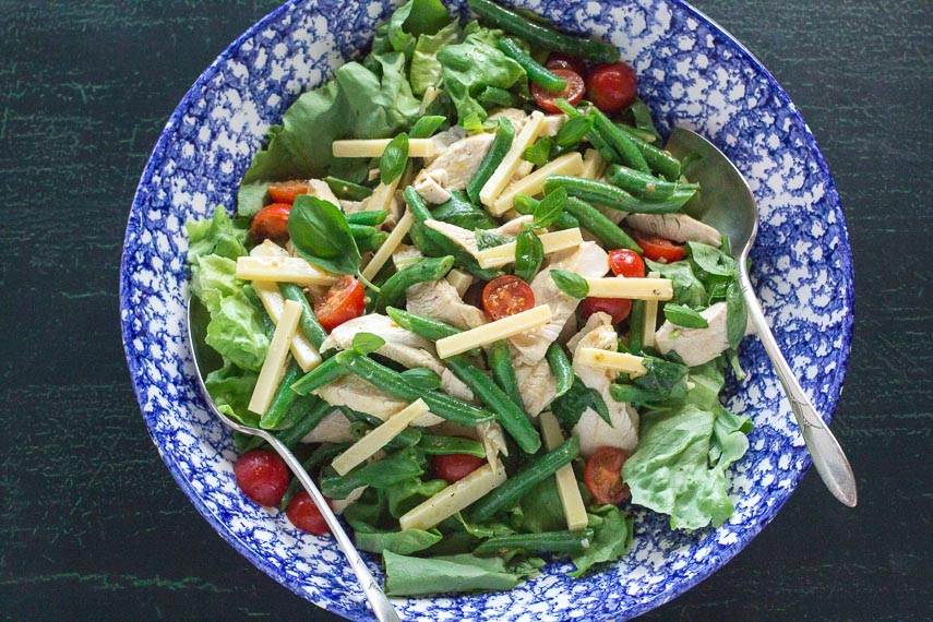 chicken salad with Gruyere, Green Beans, Tomatoes & Basil in a blue and white bowl-2