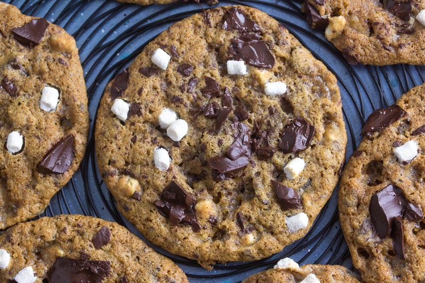 closeup low FODMAP S'more chocolate chunk cookie on black wire rack