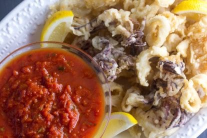 low FODMAP Gluten Free Fried Calamari with Spicy Marinara Sauce!