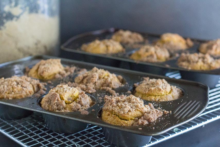 low FODMAP dairy free gluten free pumpkin streusel muffins in pans on cooling racks