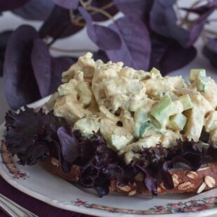 open sandwich of low FODMAP Curried chicken salad with lettuce_