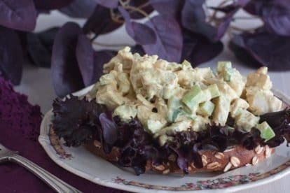 open sandwich of low FODMAP Curried chicken salad with lettuce_
