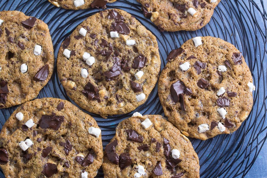 several low FODMAP S'more chocolate chunk cookies on black wire rack