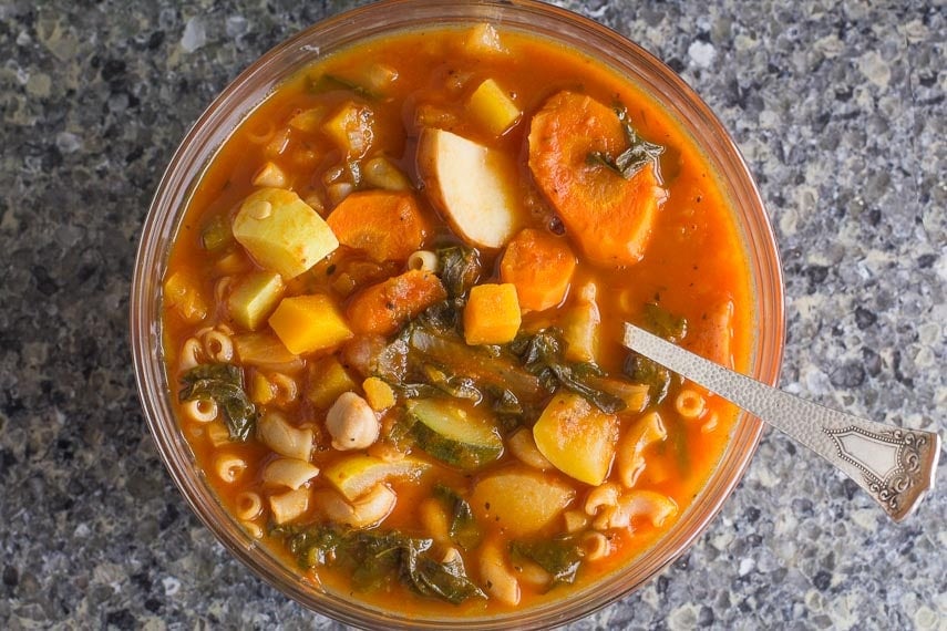 Low FODMAP Vegetable, Pasta & Bean Soup overhead image