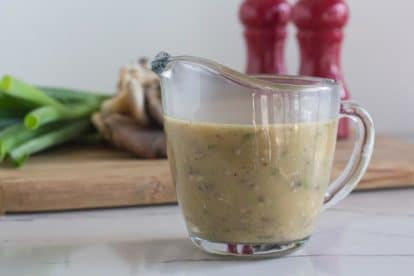 low FODMAP Oyster Mushroom Gravy in clear pitcher