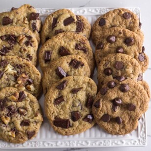 overhead image of low FODMAP One-Bowl Chocolate Chunk Cookies