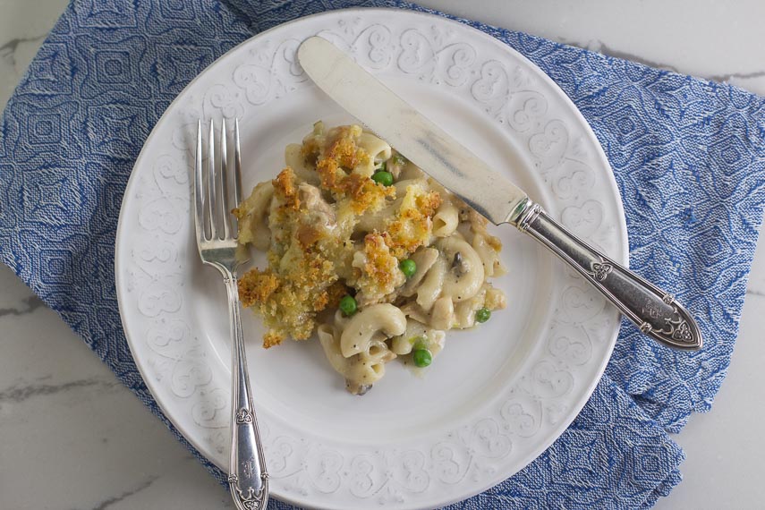 overhead image of Low FODMAP Tuna Noodle Casserole on white plate