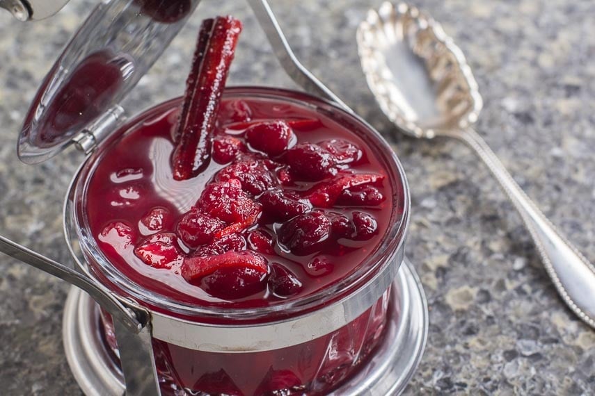 Low FODMAP Cranberry Sauce with Orange Marmalade in glass dish