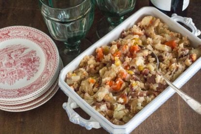 Low FODMAP Mashed Potatoes, Parsnips & Carrots in an oblong casserole