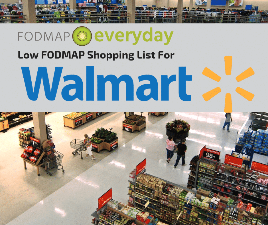 Overhead image of Walmart shopping center with shoppers walking with shopping carts. Text overlay reads "Low FODMAP shopping list for Walmart"