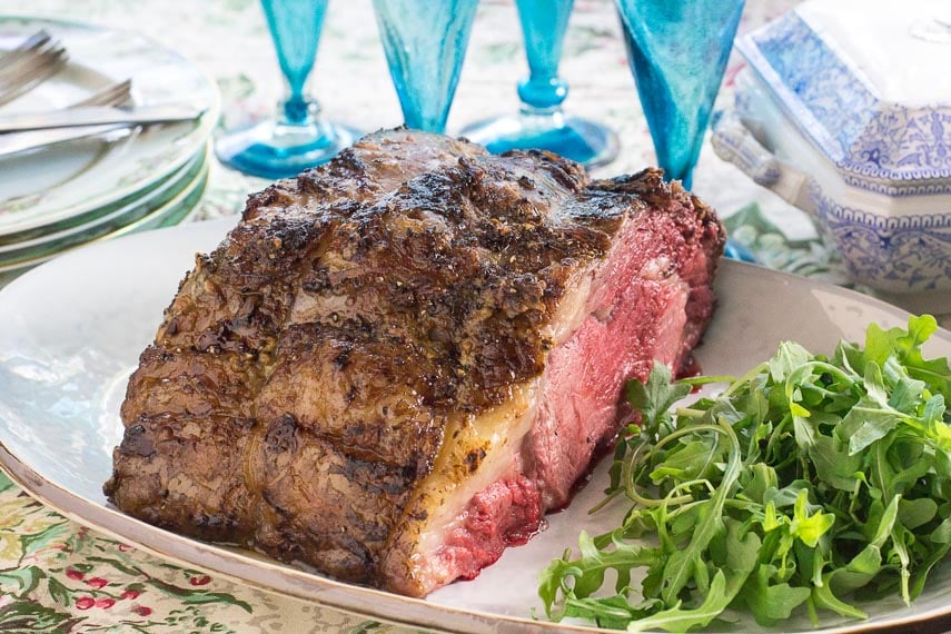 Low FODMAP Standing Rib Roast with a Dijon Herb Crust on oval platter-2