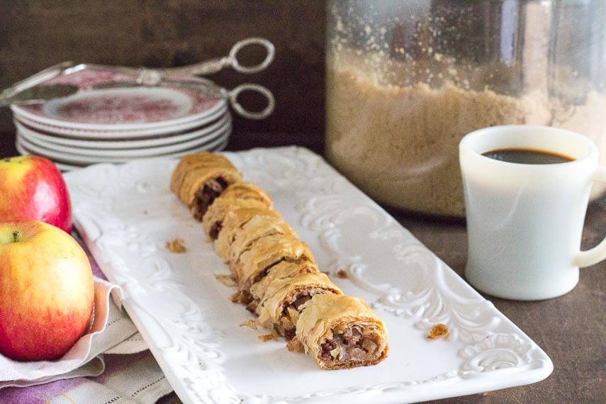 Low FODMAP apple strudel on an oblong white plate