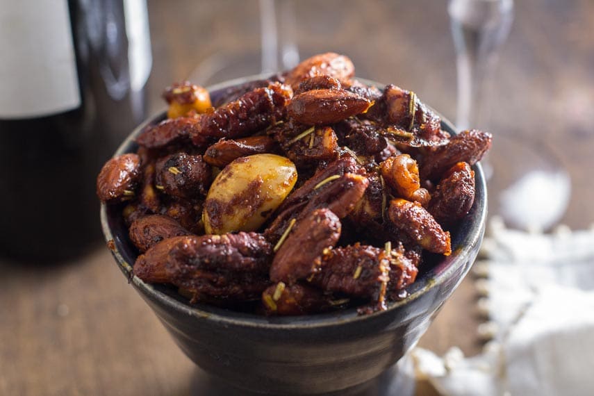 closeup of easy low FODMAP sweet & spicy nuts