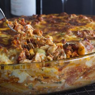 dishing up Super Deluxe Low FODMAP Baked Ziti