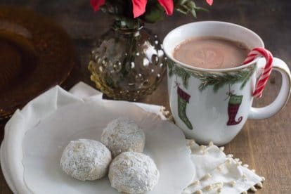low FODMAP Mint Hot Chocolate in a mug with cookies on a plate