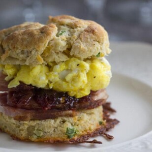 low fodmap cheddar scallion biscuit stuffed with scrambled eggs and ham