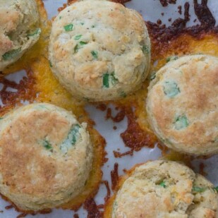 low fodmap cheddar scallion biscuits on baking sheet with parchment paper and melted cheese