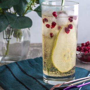 low fodmap ginger pomegranate pear sparkler in tall clear glass and stirrer