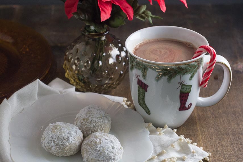 low fodmap mint hot chocolate in a festive mug