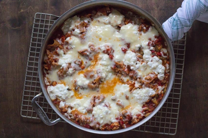 main image low FODMAP skillet lasagna cooling on a rack