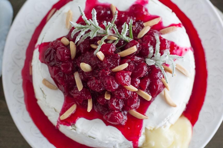 overhead closeup baked brie with cranberries