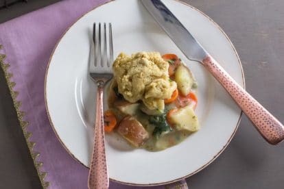 overhead image of Vegan, Gluten-Free, Low FODMAP Pot Pie on a white plate