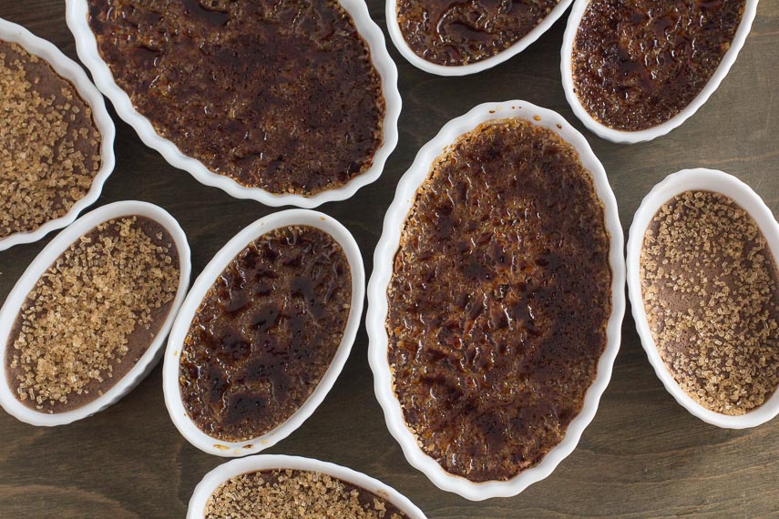 overhead image of two sizes of low fodmap chocolate creme brulee; some waiting to be torched