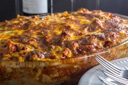 view of crusty top of Super Deluxe Low FODMAP Baked Ziti