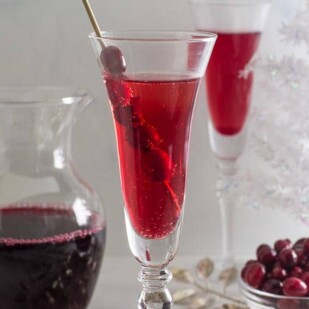 closeup of Low FODMAP Cranberry Cinnamon Swizzle in a champagne glass