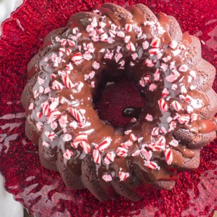 overhead image of low FODMAP Chocolate Peppermint Cake on a red plate
